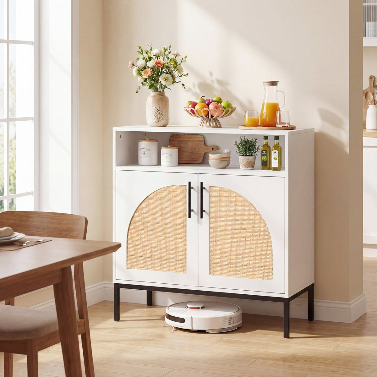 32 inches Sideboard Buffet Cabinet with 2 Natural Rattan Decorated Doors and Adjustable Shelf-White