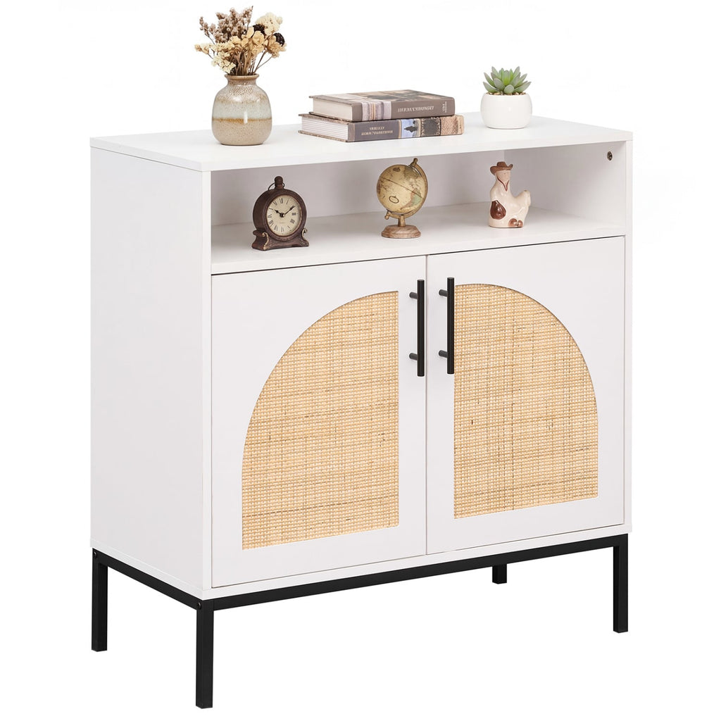 32 inches Sideboard Buffet Cabinet with 2 Natural Rattan Decorated Doors and Adjustable Shelf-White