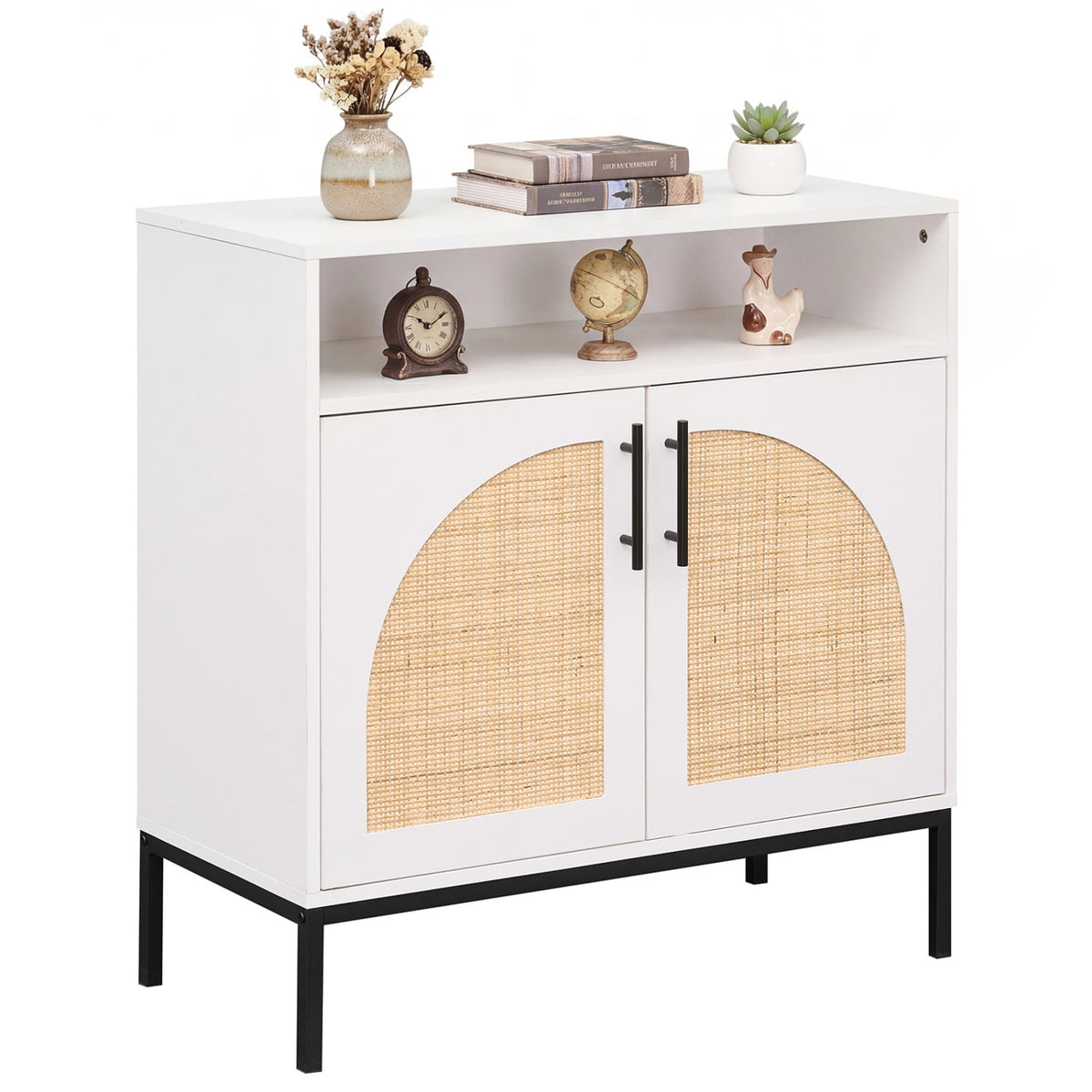 32 inches Sideboard Buffet Cabinet with 2 Natural Rattan Decorated Doors and Adjustable Shelf-White