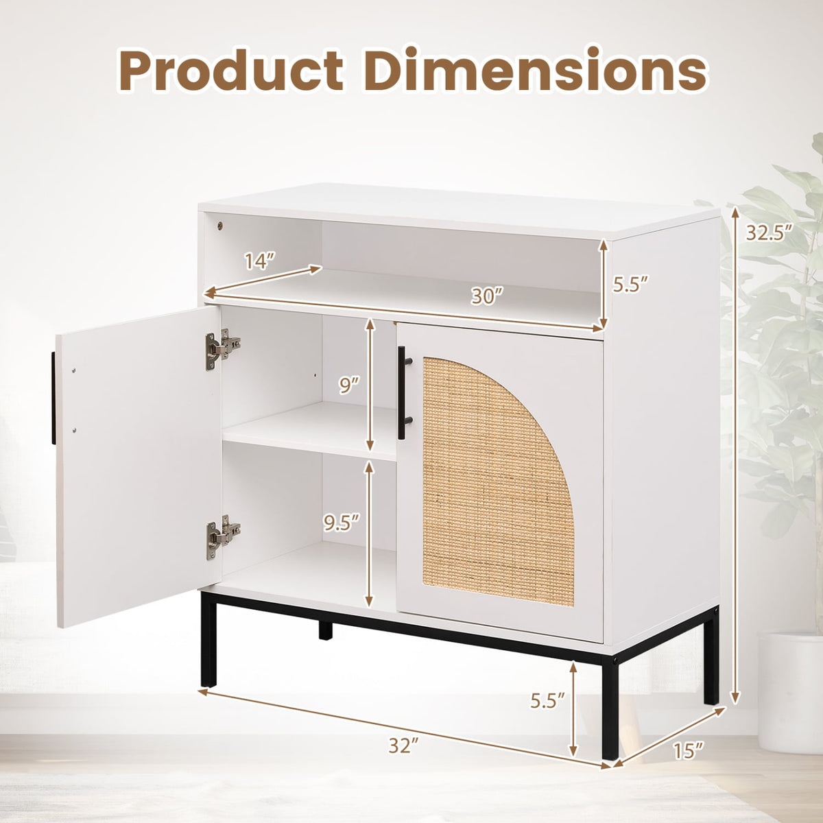 32 inches Sideboard Buffet Cabinet with 2 Natural Rattan Decorated Doors and Adjustable Shelf-White