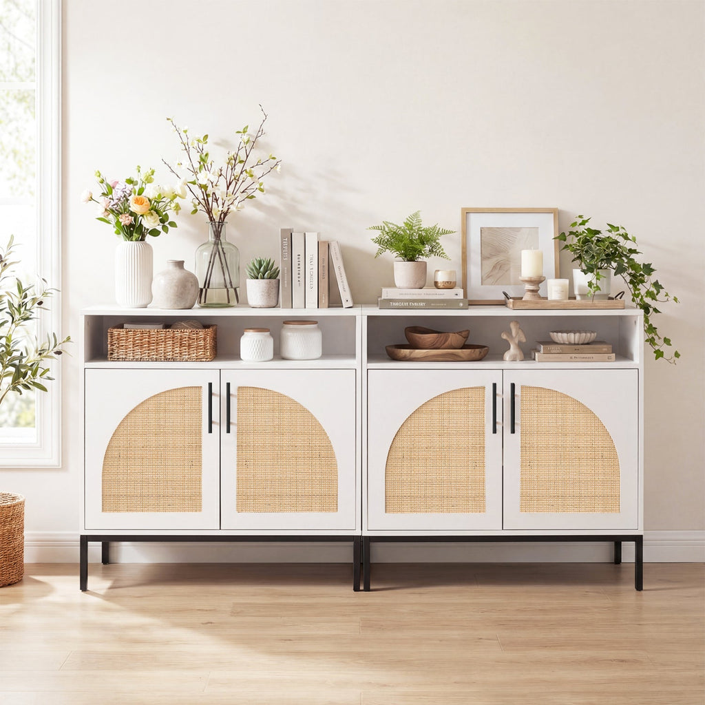 32 inches Sideboard Buffet Cabinet with 2 Natural Rattan Decorated Doors and Adjustable Shelf-White