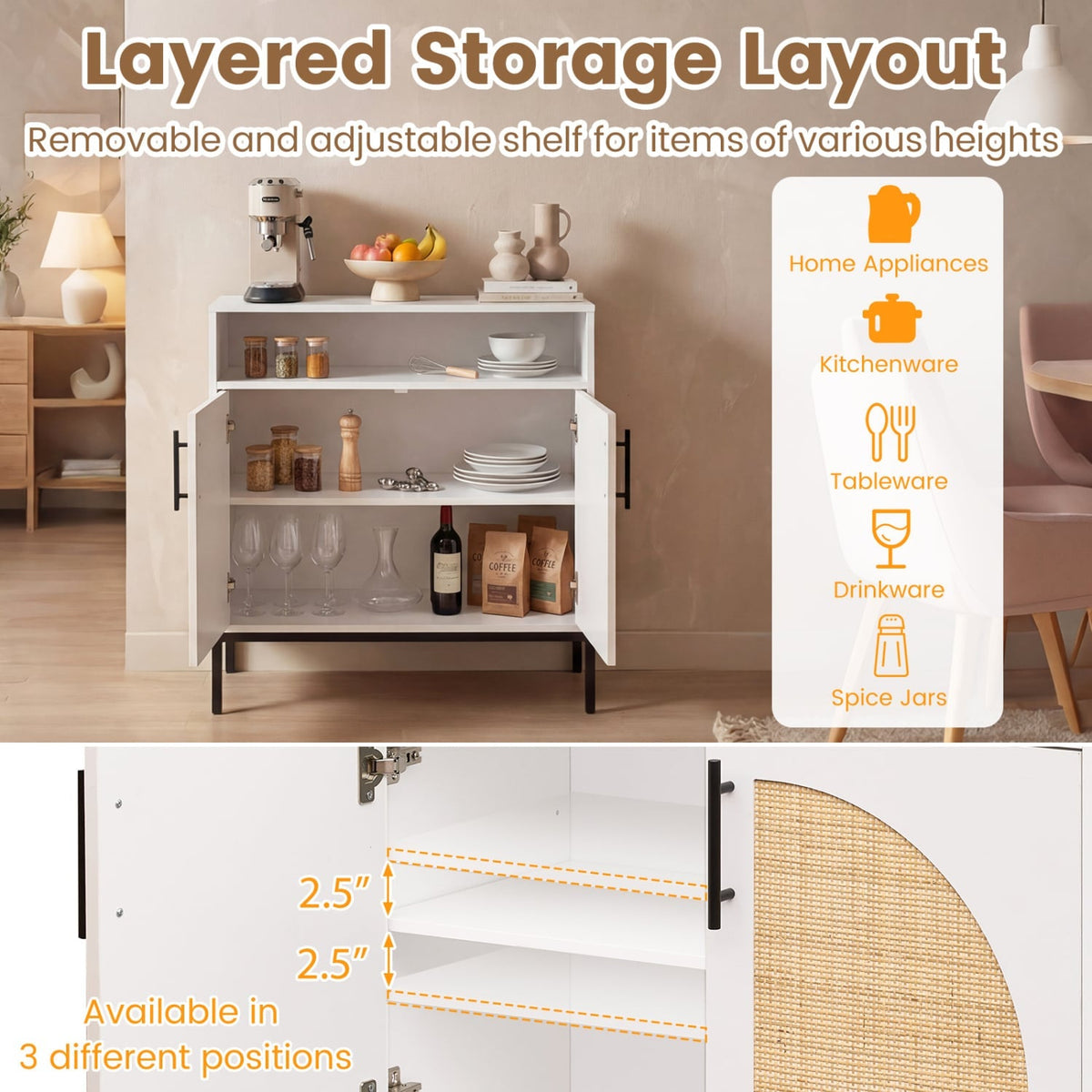 32 inches Sideboard Buffet Cabinet with 2 Natural Rattan Decorated Doors and Adjustable Shelf-White