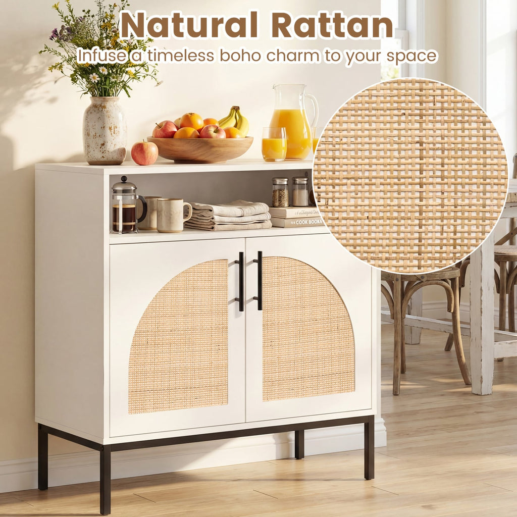 32 inches Sideboard Buffet Cabinet with 2 Natural Rattan Decorated Doors and Adjustable Shelf-White