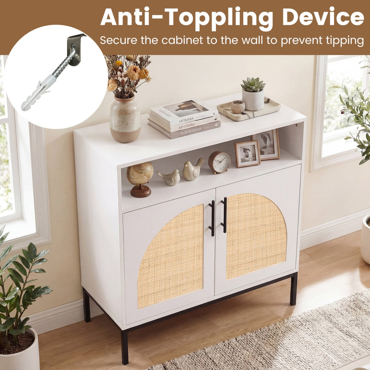 32 inches Sideboard Buffet Cabinet with 2 Natural Rattan Decorated Doors and Adjustable Shelf-White