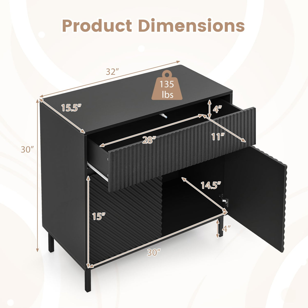 32 inches Wide Buffet Cabinet with 2 Doors and 1 Drawer for Kitchen-Black