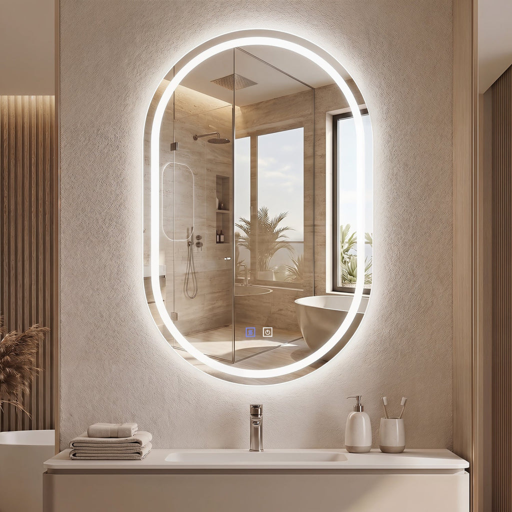 32x20 inches Oval LED Bathroom Mirror with Front & Backlight 3 Colors Stepless Dimming-Silver
