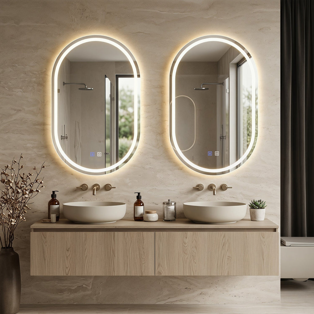 32x20 inches Oval LED Bathroom Mirror with Front & Backlight 3 Colors Stepless Dimming-Silver