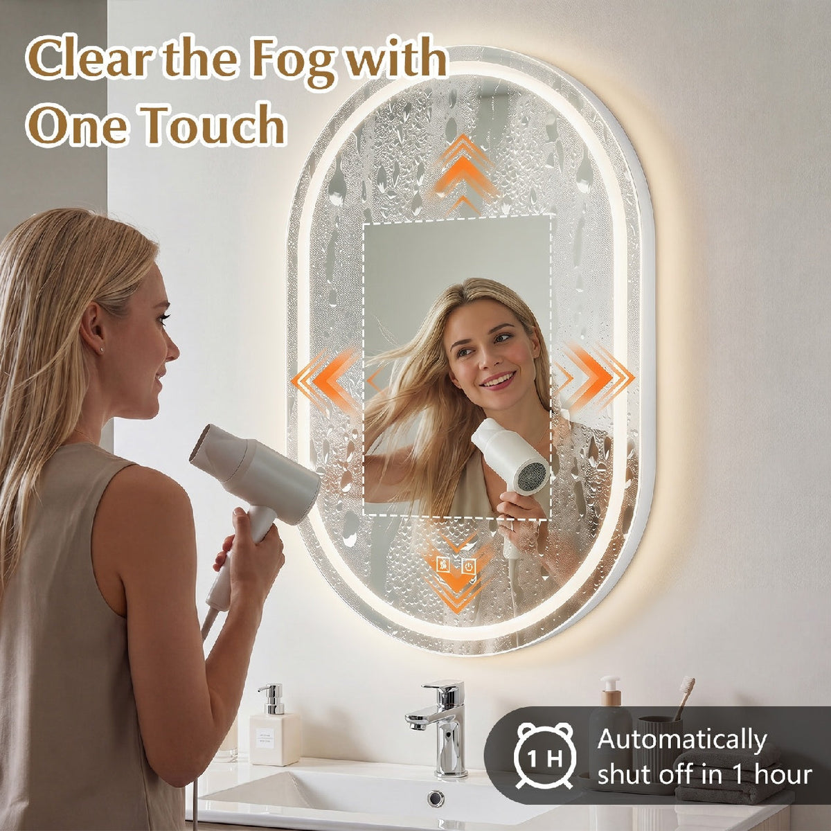 32x20 inches Oval LED Bathroom Mirror with Front & Backlight 3 Colors Stepless Dimming-Silver