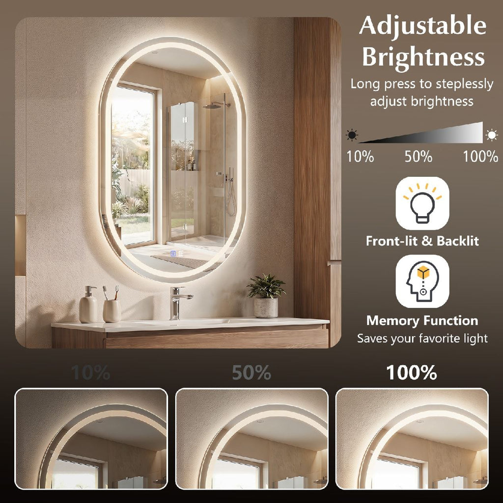 32x20 inches Oval LED Bathroom Mirror with Front & Backlight 3 Colors Stepless Dimming-Silver