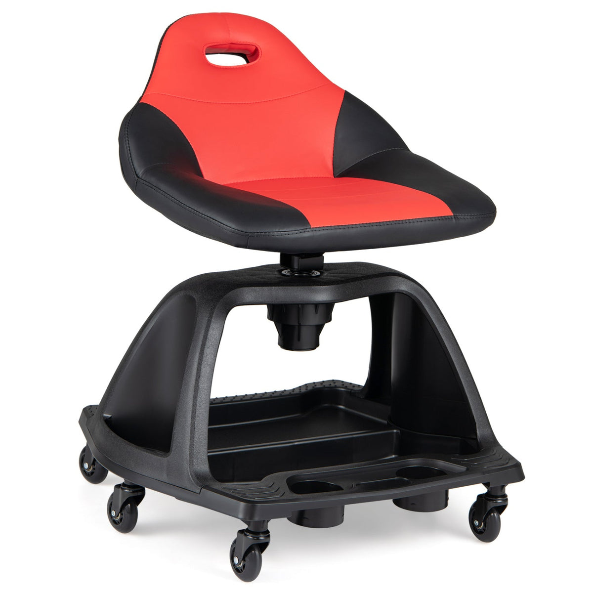 330 LBS Capacity Garage Mechanic Stool Seat, with Backrest 6 Universal Wheels and Tool Tray Storage-Red