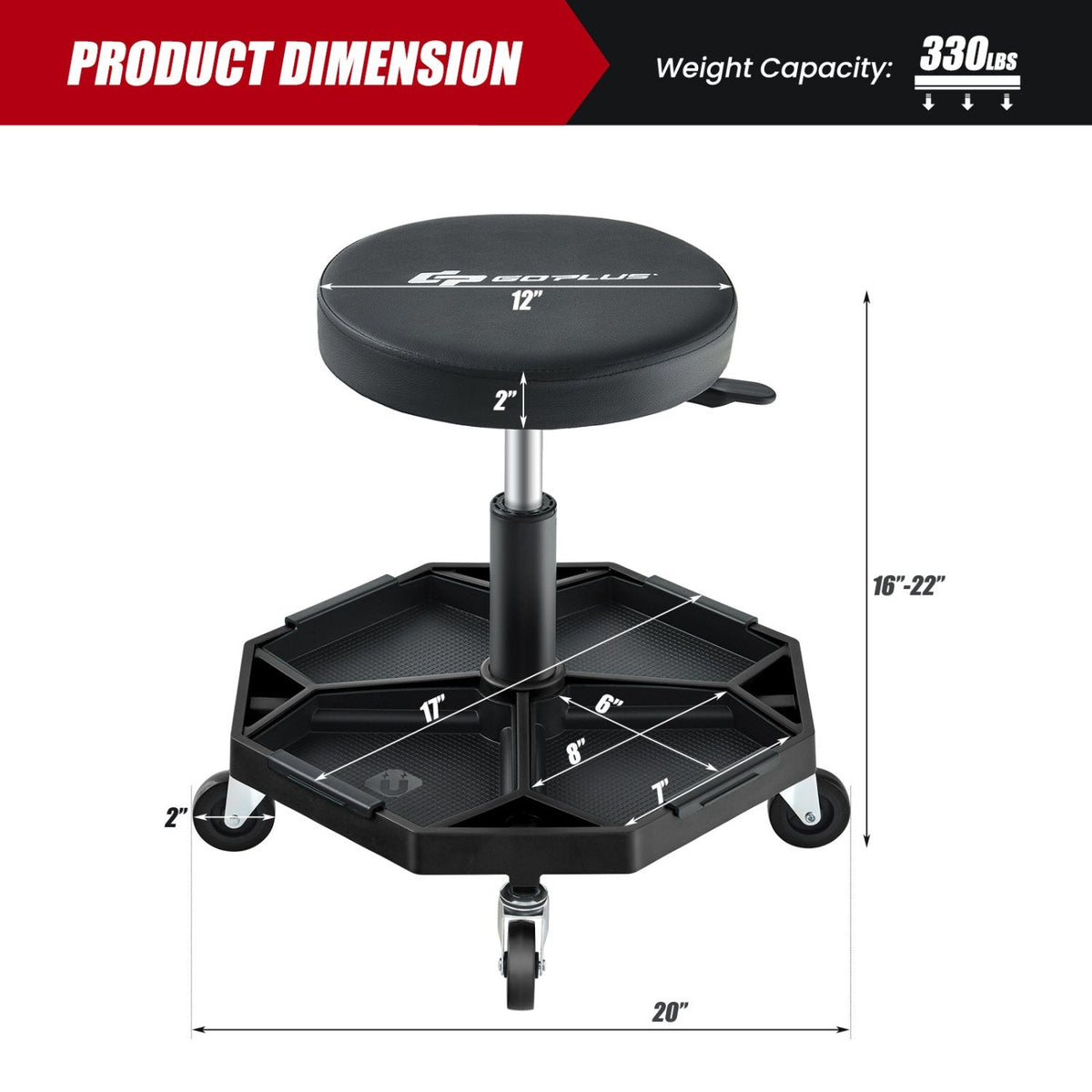 330 LBS Capacity Pneumatic Rolling Mechanic Stool with Padded Seat-Black