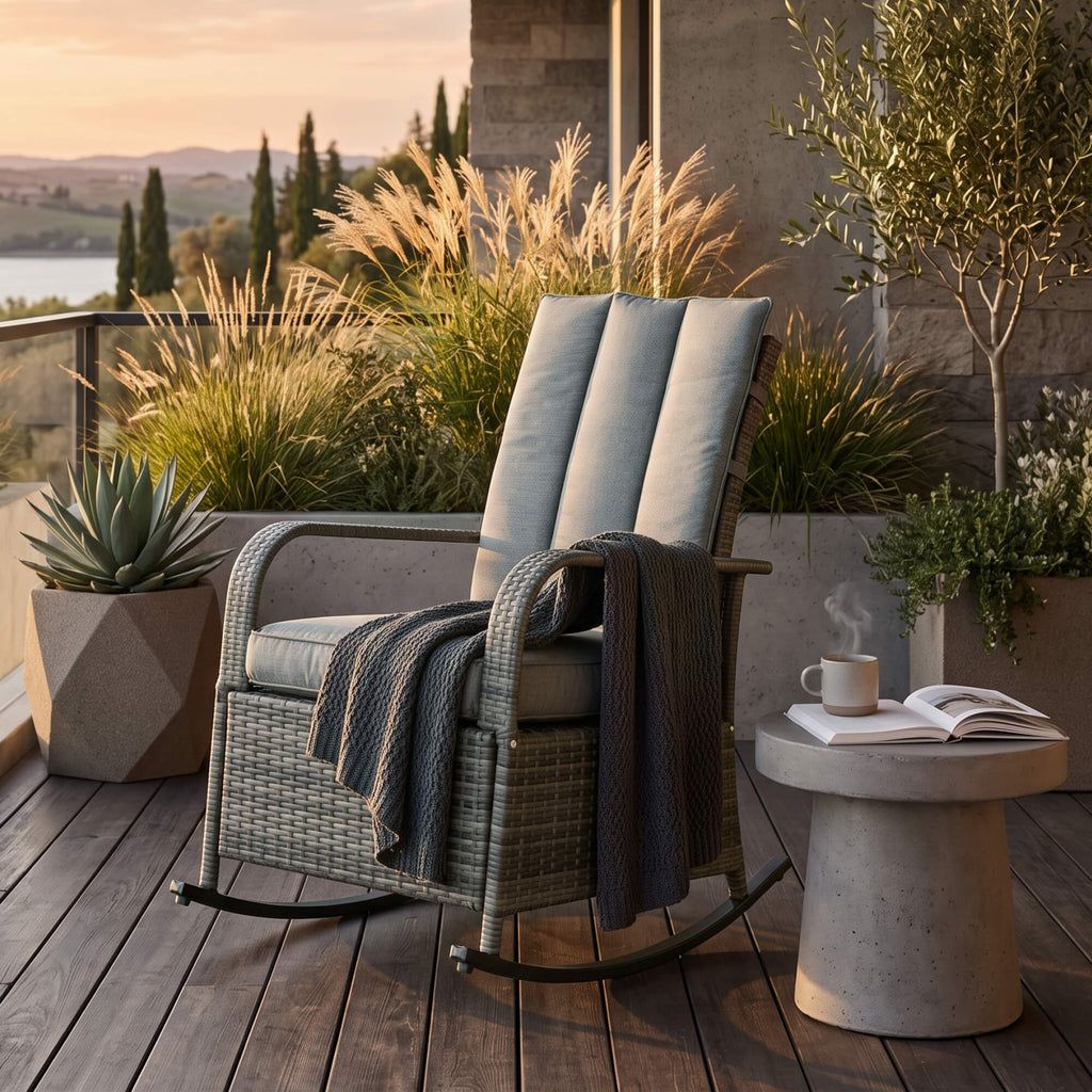 Outdoor Wicker Rocking Chair with Cushion, Patio PE Rattan Recliner Chair with Adjustable Footrest, Armrests, Dark Blue