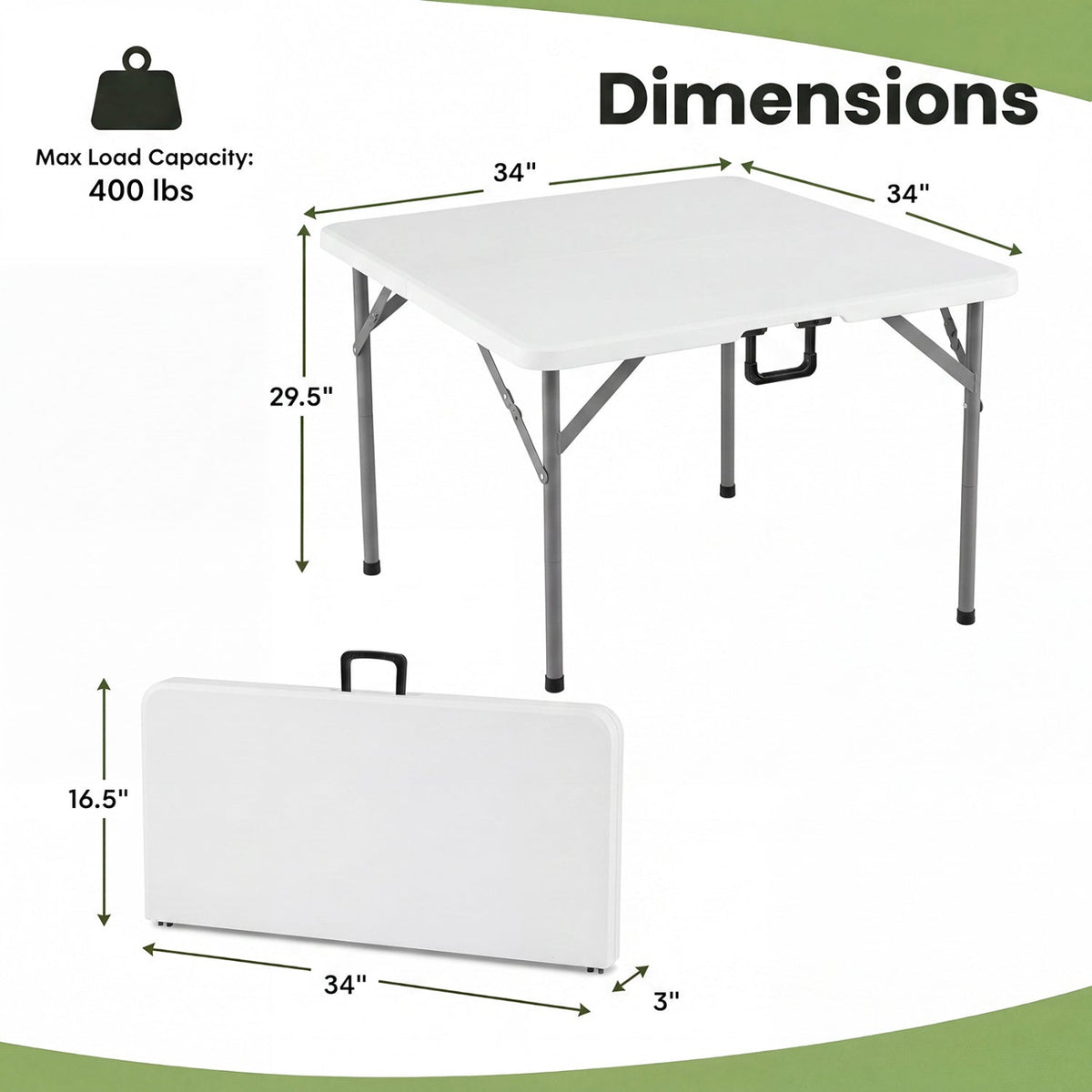 34 Inch Square Foldable Card Table with Carrying Handle-White