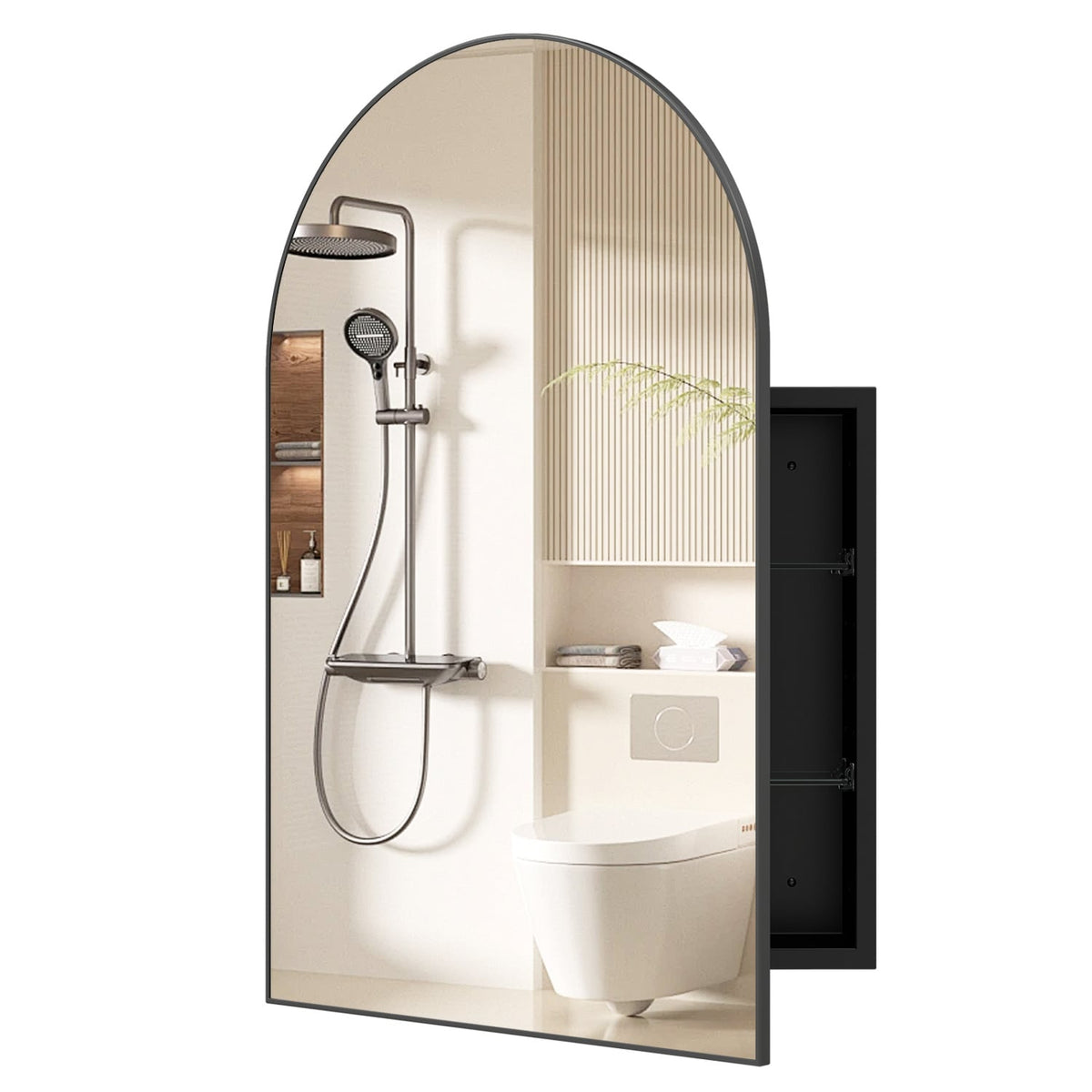 34 inches x 22 inches Brushed Metal Wall-Mounted Storage Cabinet with Arched Mirror and Adjustable Shelves-Black