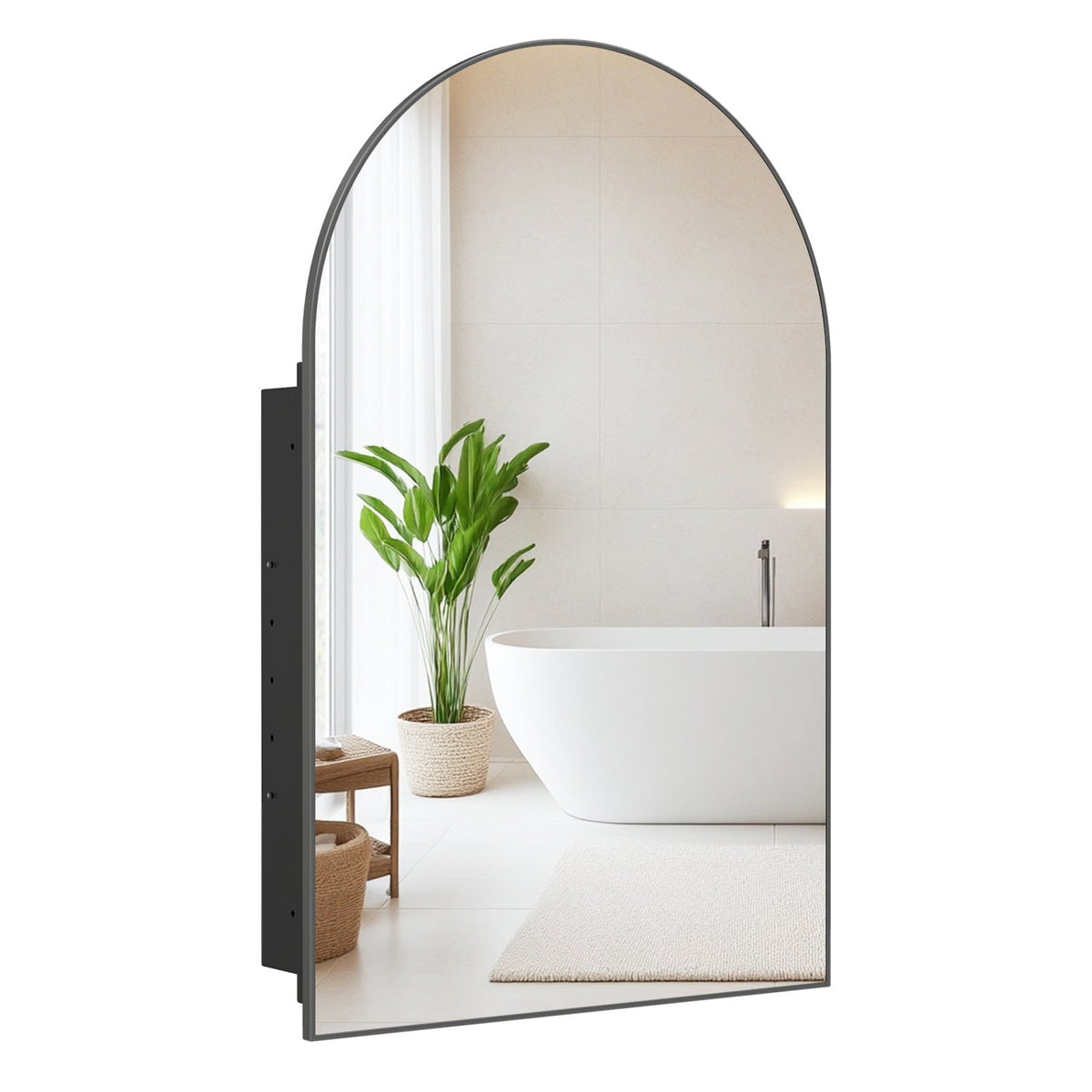 34 inches x 22 inches Brushed Metal Wall-Mounted Storage Cabinet with Arched Mirror and Adjustable Shelves-Black