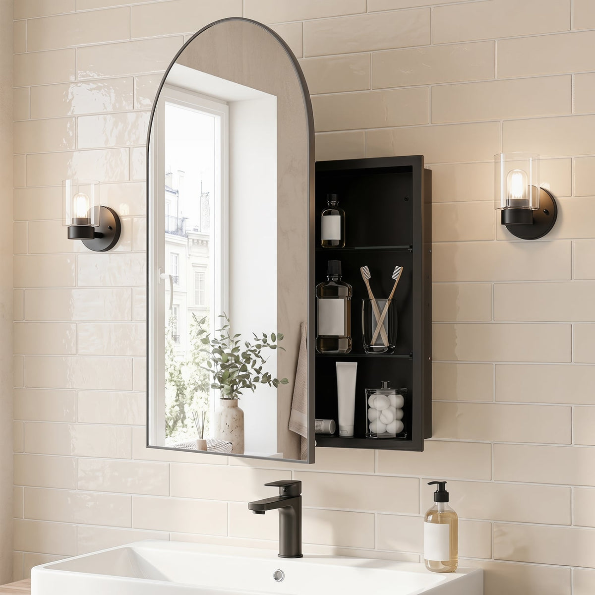34 inches x 22 inches Brushed Metal Wall-Mounted Storage Cabinet with Arched Mirror and Adjustable Shelves-Black