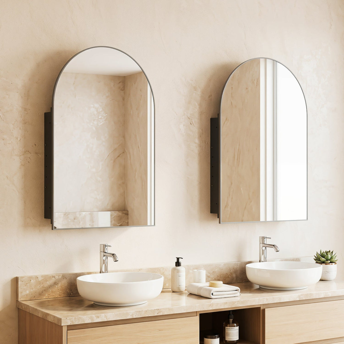 34 inches x 22 inches Brushed Metal Wall-Mounted Storage Cabinet with Arched Mirror and Adjustable Shelves-Black
