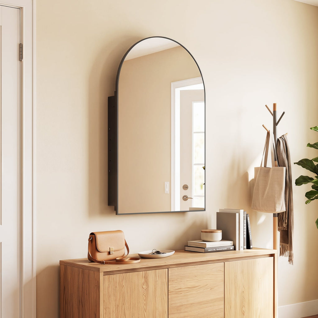34 inches x 22 inches Brushed Metal Wall-Mounted Storage Cabinet with Arched Mirror and Adjustable Shelves-Black