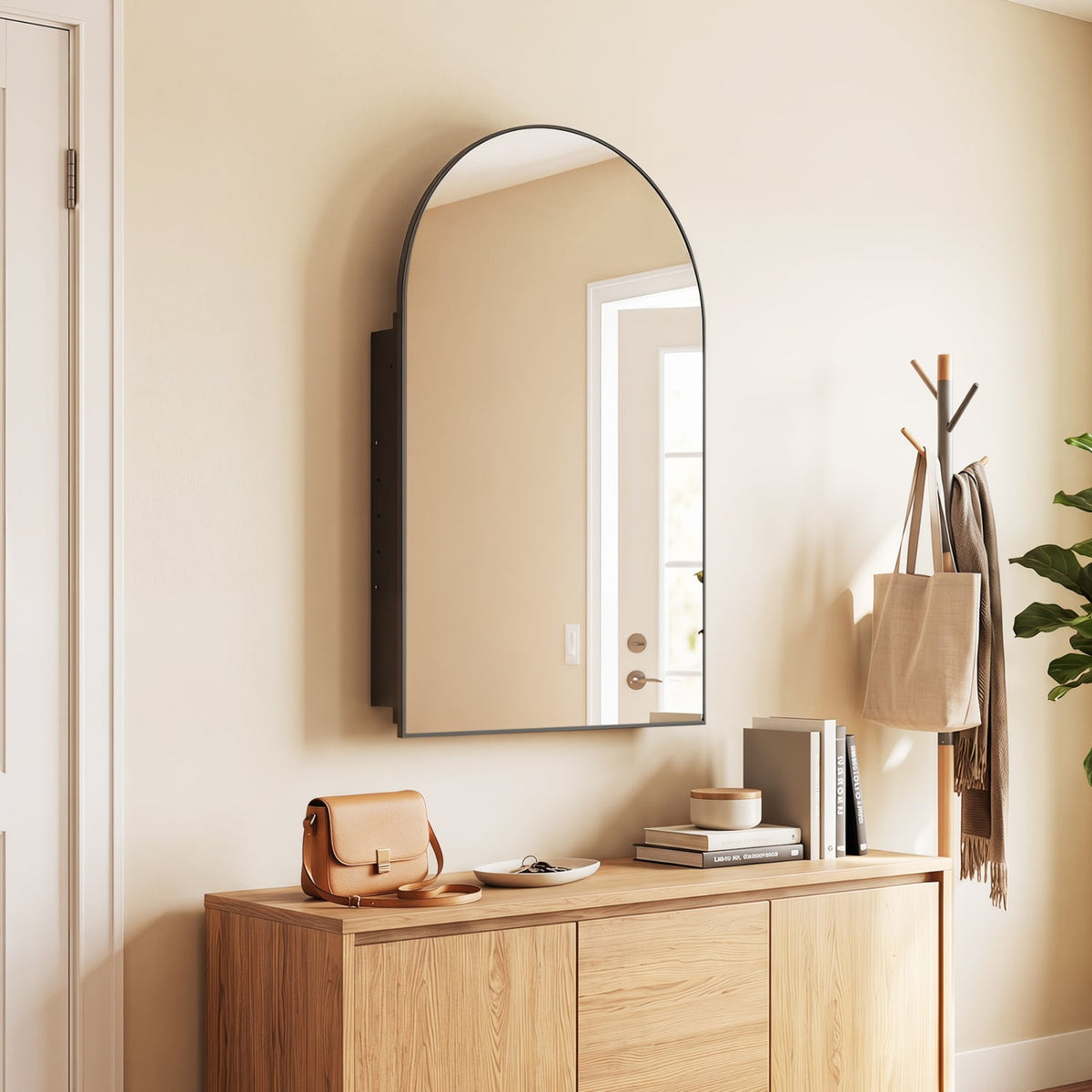 34 inches x 22 inches Brushed Metal Wall-Mounted Storage Cabinet with Arched Mirror and Adjustable Shelves-Black