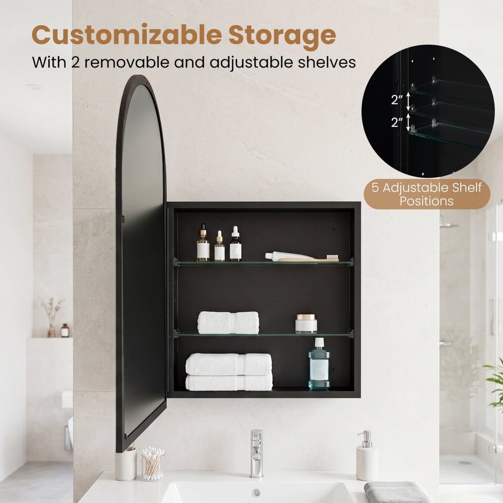 34 inches x 22 inches Brushed Metal Wall-Mounted Storage Cabinet with Arched Mirror and Adjustable Shelves-Black