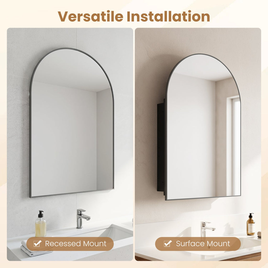 34 inches x 22 inches Brushed Metal Wall-Mounted Storage Cabinet with Arched Mirror and Adjustable Shelves-Black