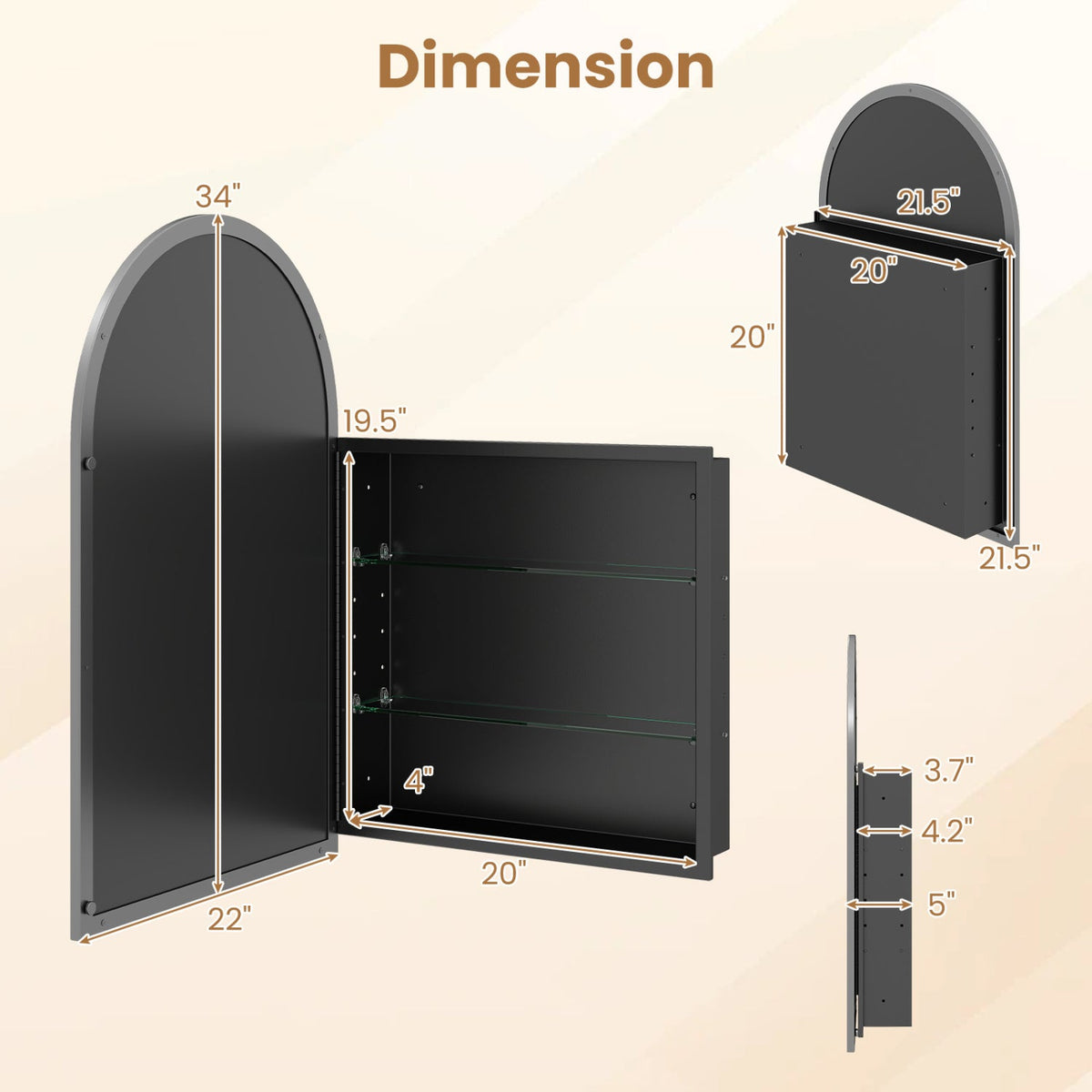 34 inches x 22 inches Brushed Metal Wall-Mounted Storage Cabinet with Arched Mirror and Adjustable Shelves-Black