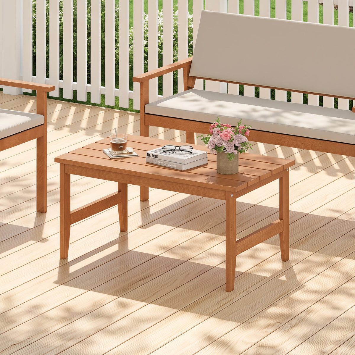 35.5 inches Solid Wood Outdoor Coffee Table with Rectangular Slatted Top and Teak Finish