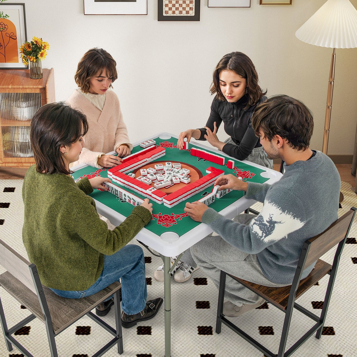 35 Inch 4 Player Game Card Folding Mahjong Table with Cup Holders-Light Green