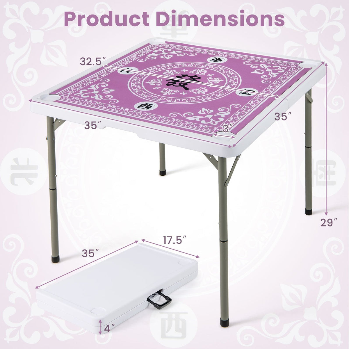 35 Inch 4 Player Game Card Folding Mahjong Table with Cup Holders-Pink