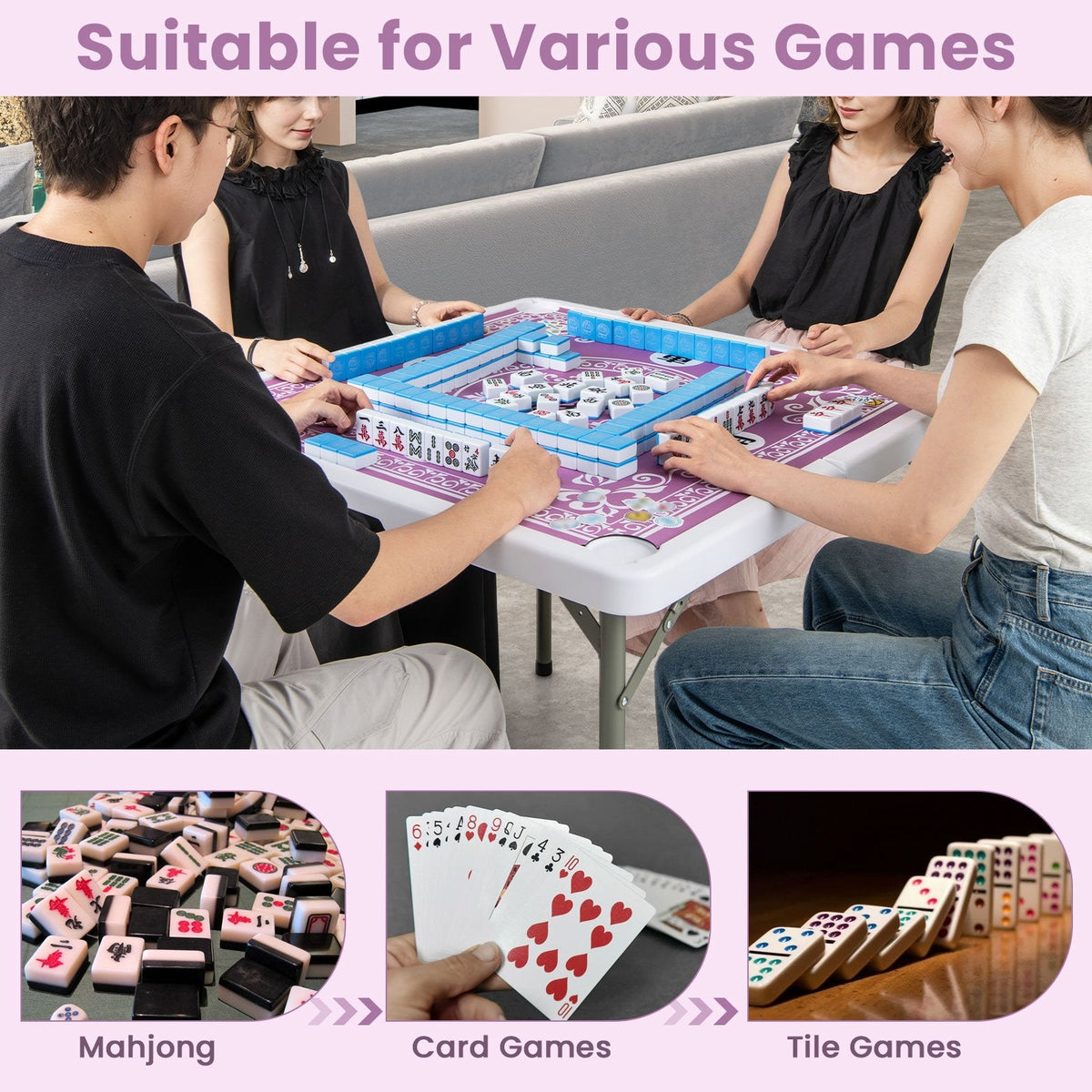 35 Inch 4 Player Game Card Folding Mahjong Table with Cup Holders-Pink