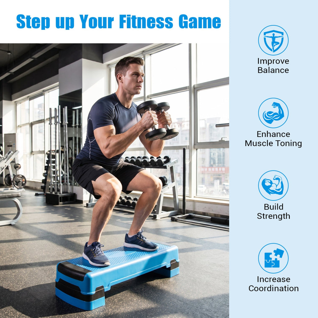 35 Inch Aerobic Cardio Adjustable Exercise Stepper with Risers-Blue