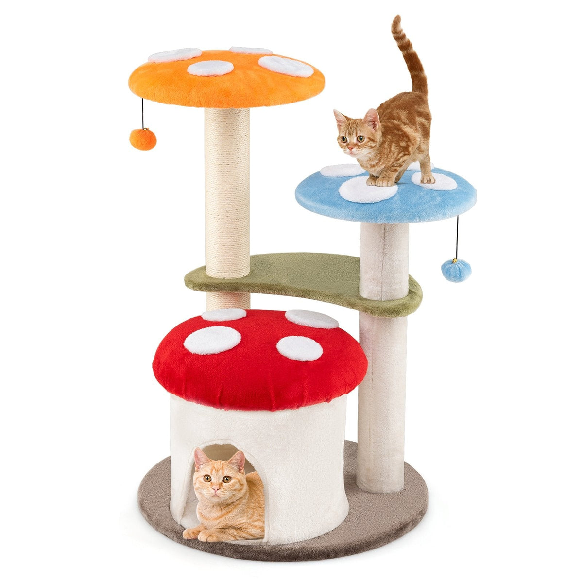 35 Inch Mushroom Cat Tree with Condo, Padded Caps and Sisal Posts, Multicolour