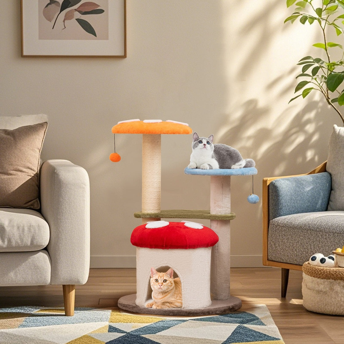 35 Inch Mushroom Cat Tree with Condo, Padded Caps and Sisal Posts, Multicolour