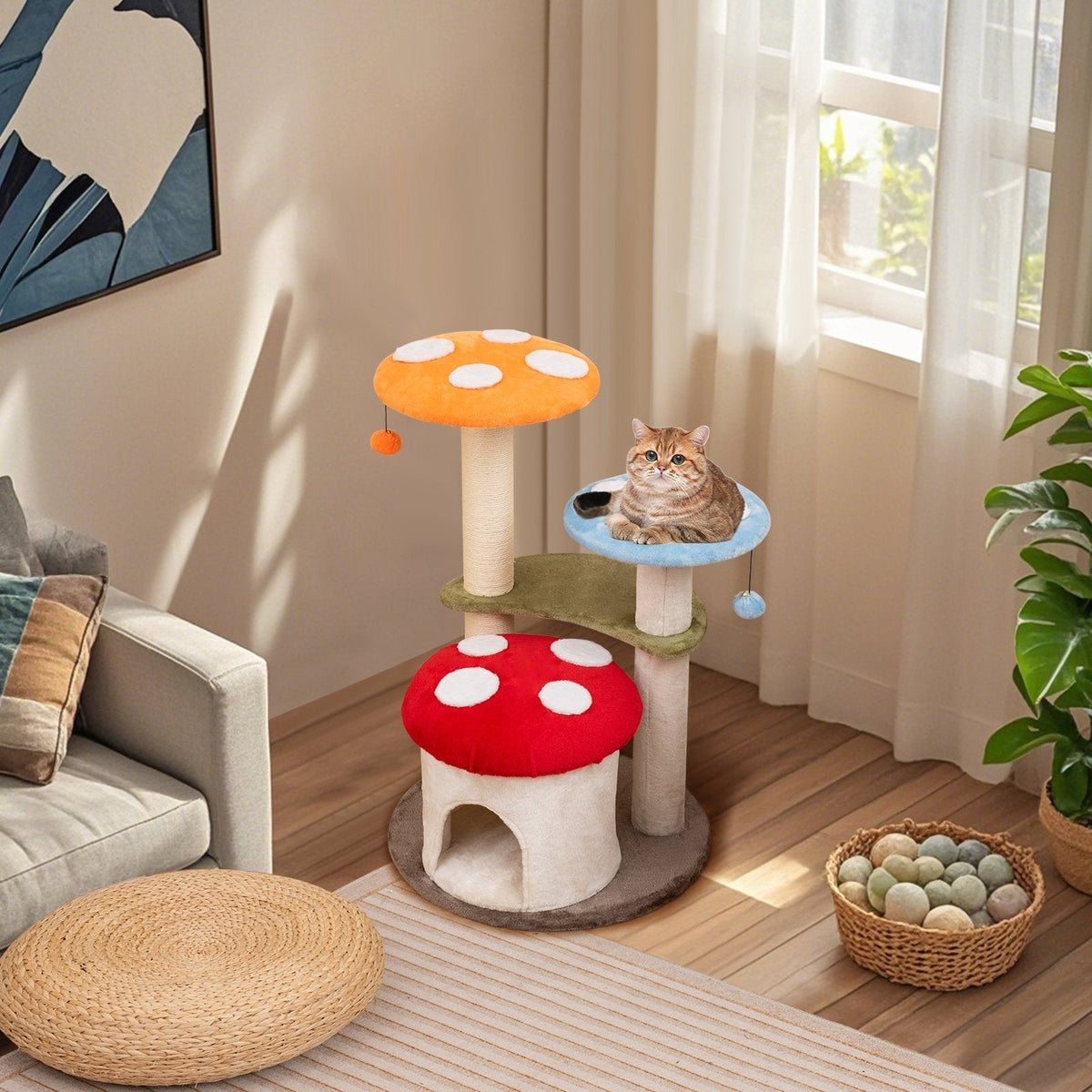 35 Inch Mushroom Cat Tree with Condo, Padded Caps and Sisal Posts, Multicolour
