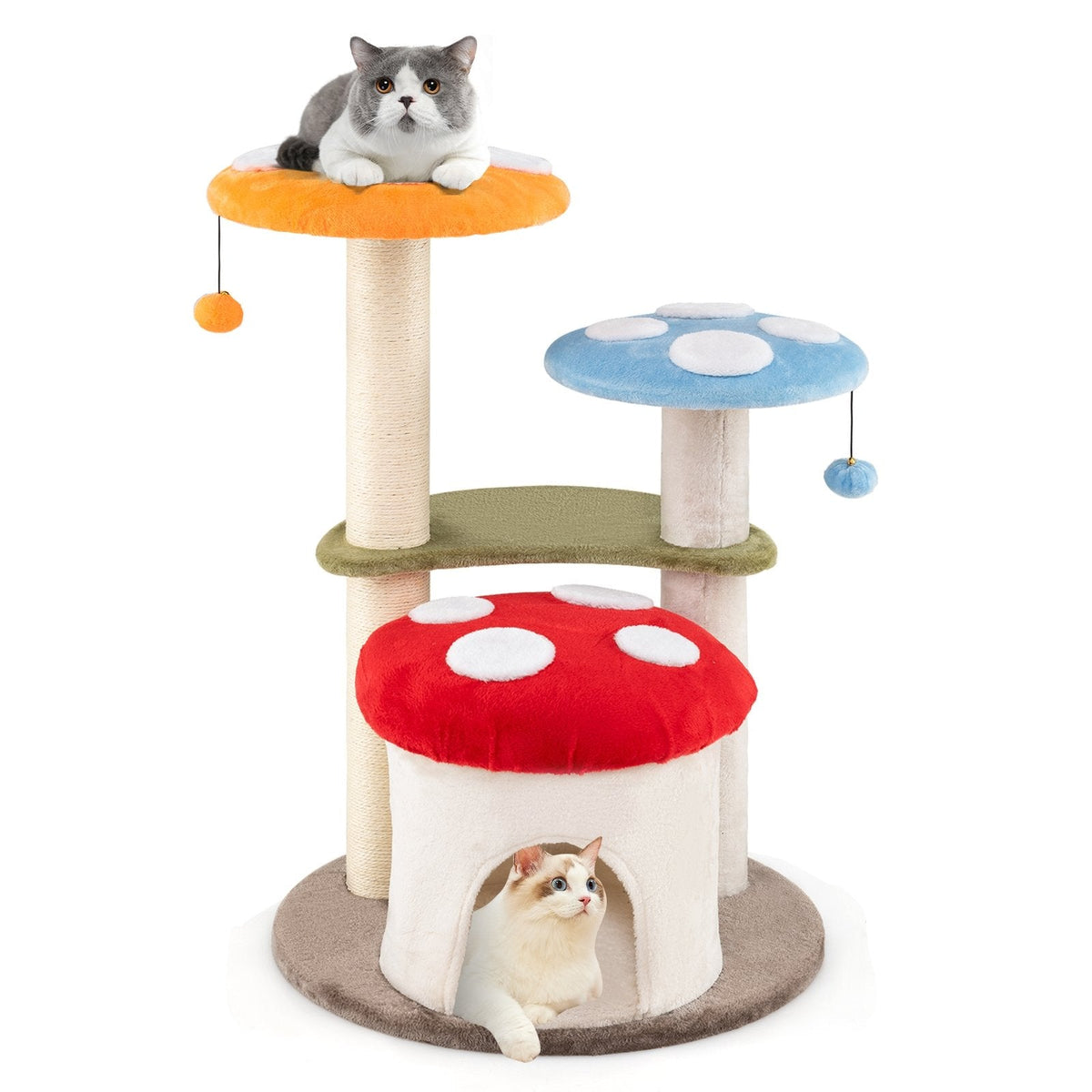35 Inch Mushroom Cat Tree with Condo, Padded Caps and Sisal Posts, Multicolour