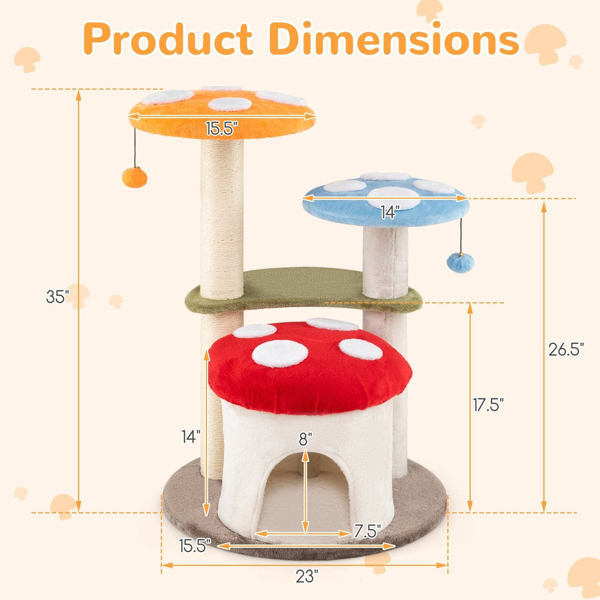 35 Inch Mushroom Cat Tree with Condo, Padded Caps and Sisal Posts, Multicolour