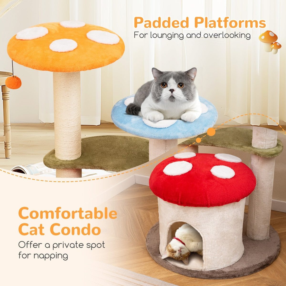 35 Inch Mushroom Cat Tree with Condo, Padded Caps and Sisal Posts, Multicolour