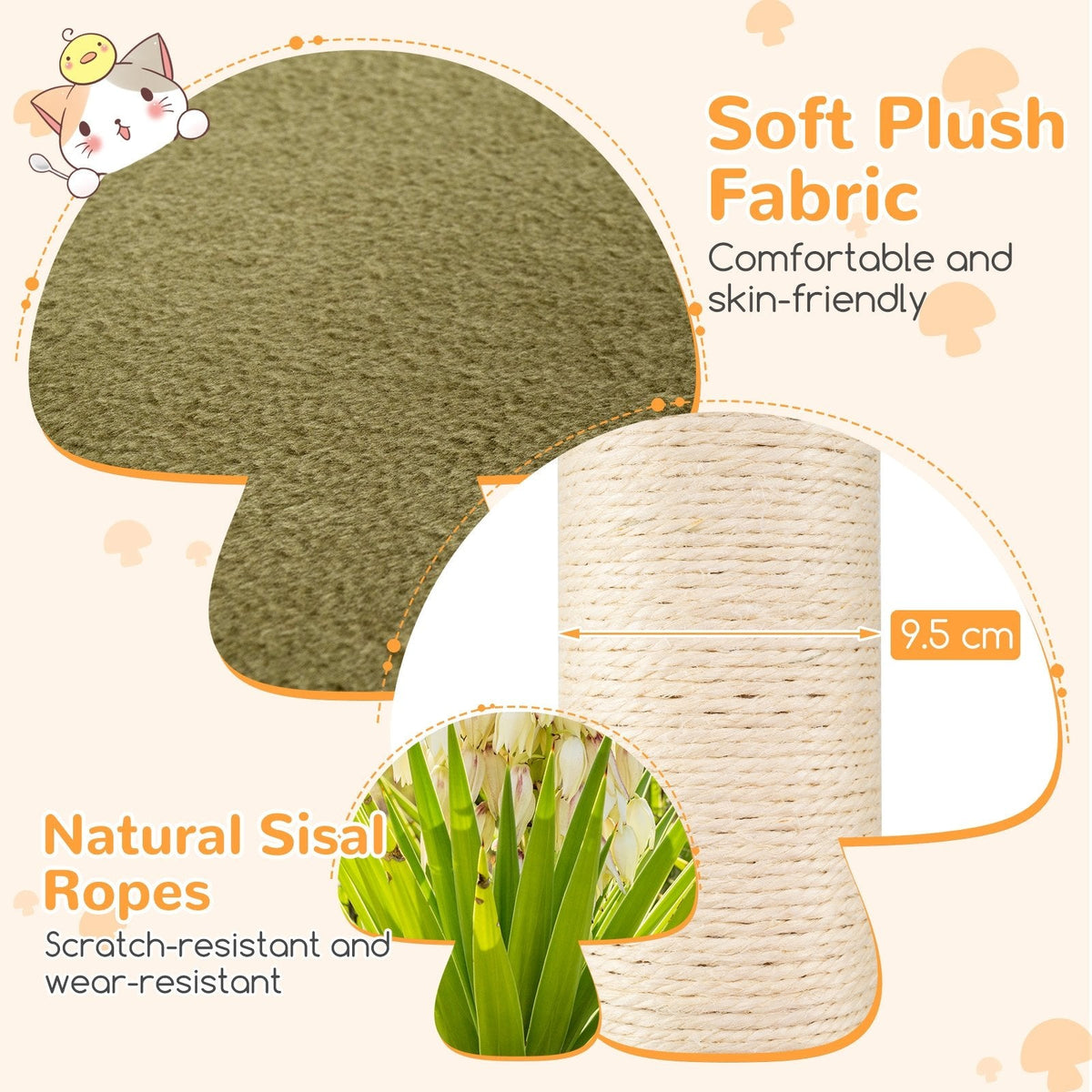 35 Inch Mushroom Cat Tree with Condo, Padded Caps and Sisal Posts, Multicolour