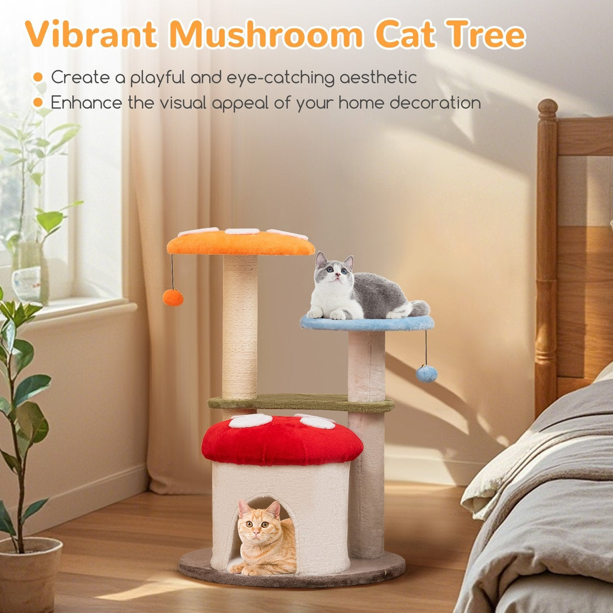 35 Inch Mushroom Cat Tree with Condo, Padded Caps and Sisal Posts, Multicolour