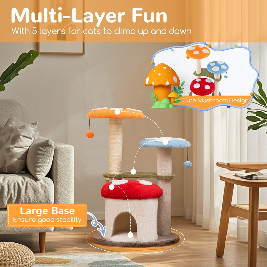 35 Inch Mushroom Cat Tree with Condo, Padded Caps and Sisal Posts, Multicolour