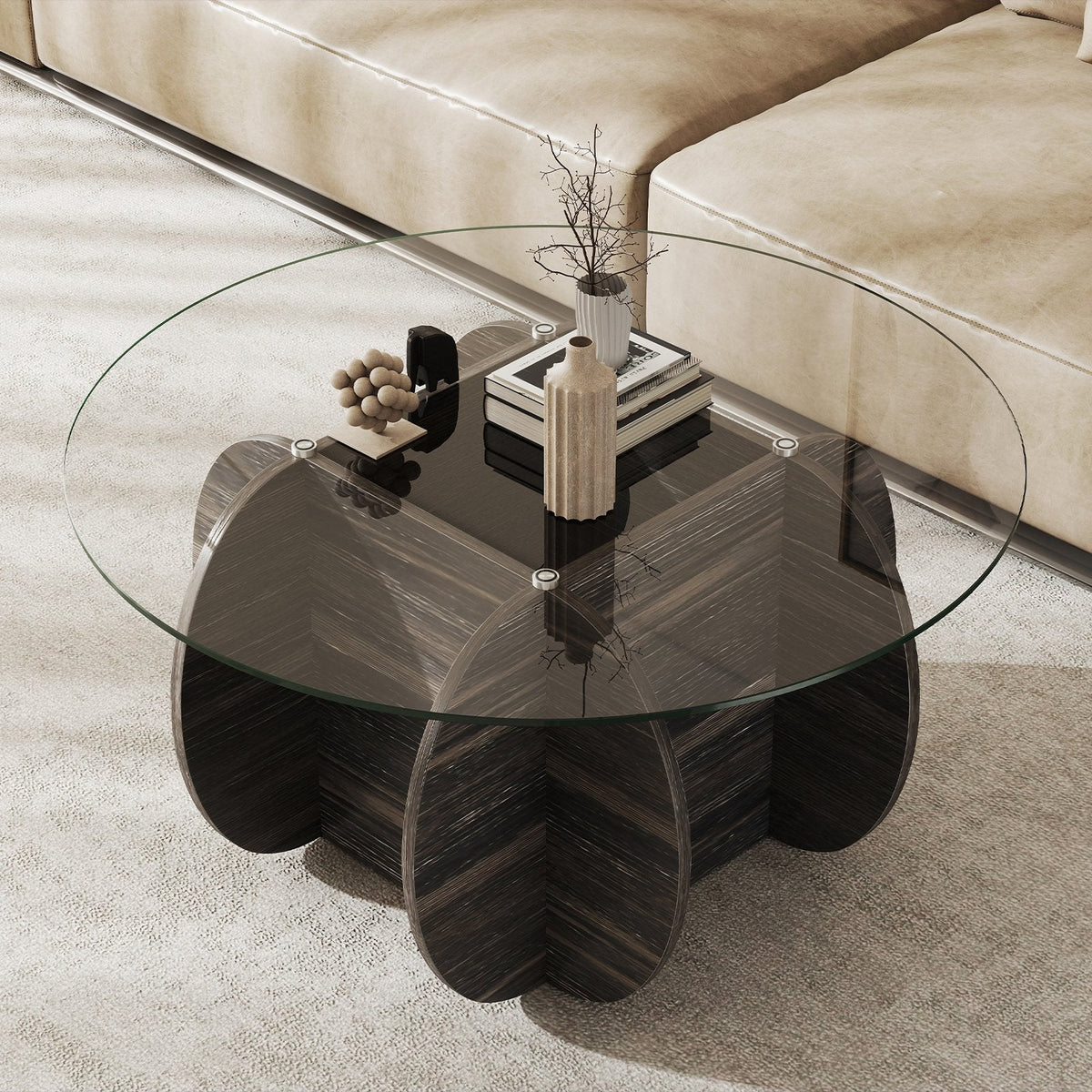35 inches Round Coffee Table Unique Circle Center Table with Tempered Glass Top and Solid Wood Base-Black
