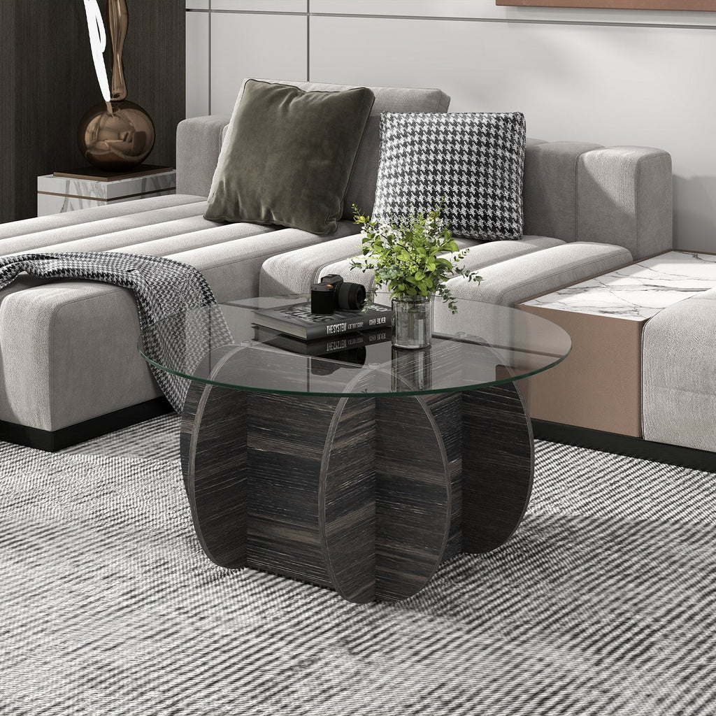 35 inches Round Coffee Table Unique Circle Center Table with Tempered Glass Top and Solid Wood Base-Black