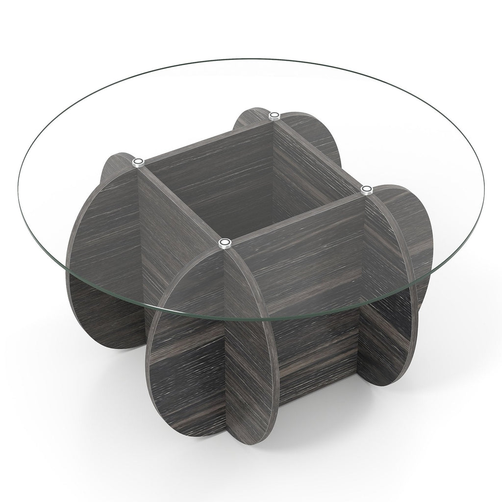 35 inches Round Coffee Table Unique Circle Center Table with Tempered Glass Top and Solid Wood Base-Black