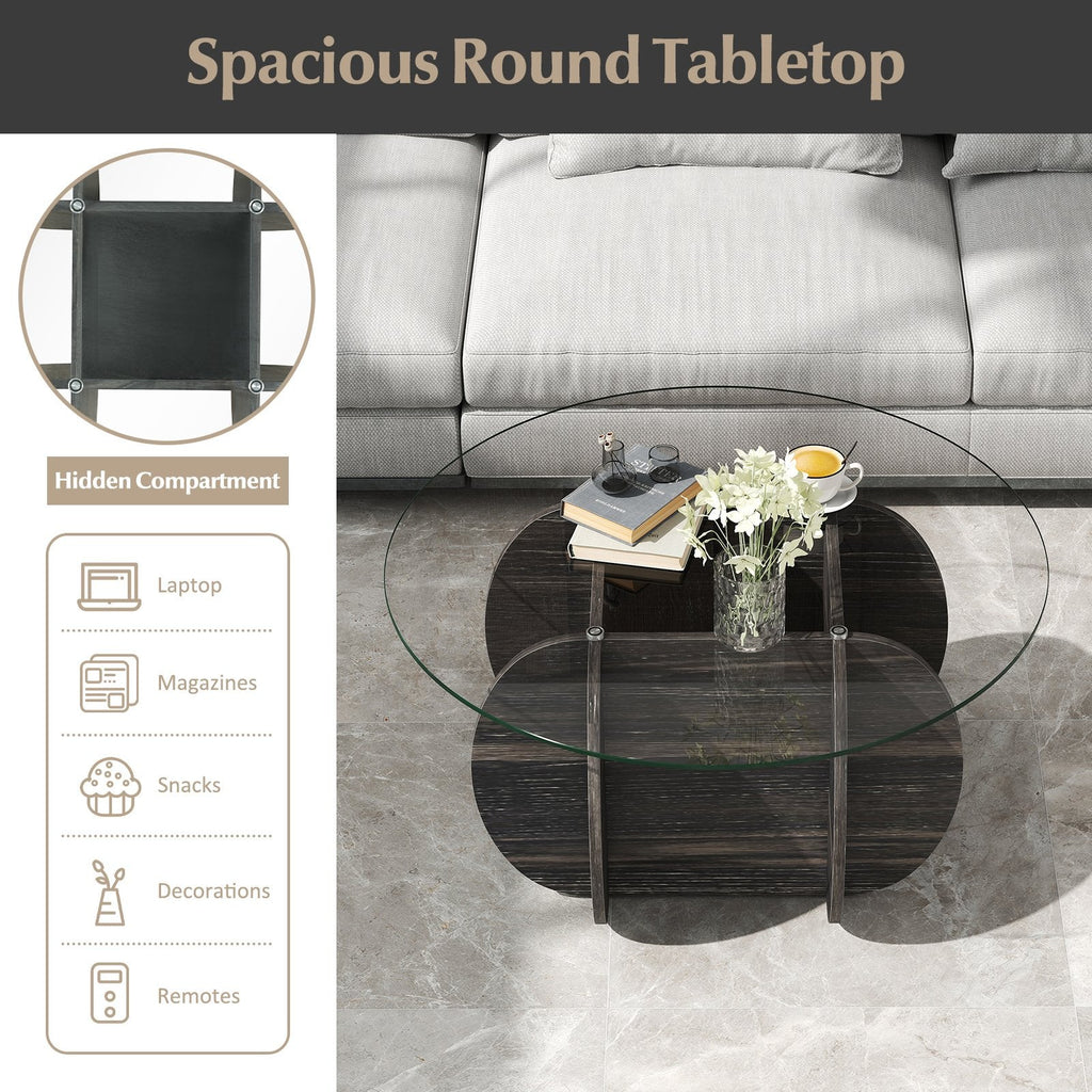 35 inches Round Coffee Table Unique Circle Center Table with Tempered Glass Top and Solid Wood Base-Black