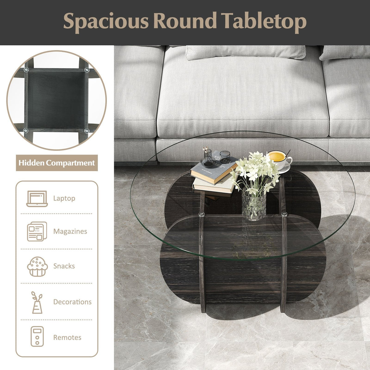35 inches Round Coffee Table Unique Circle Center Table with Tempered Glass Top and Solid Wood Base-Black