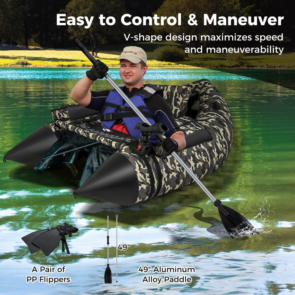350 LBS Inflatable Fishing Float Tube with Adjustable Backrest and Backpack Straps-Camouflage