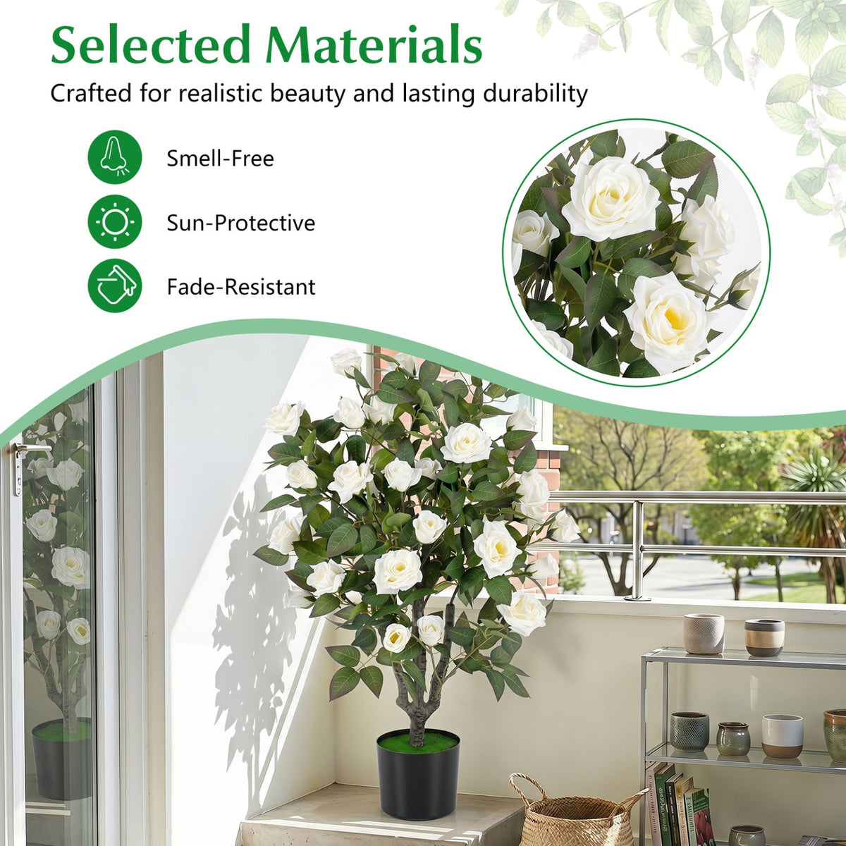 35.5 inches Artificial Rose Tree with Blooming Flowers and Green Leaves for Indoor-White