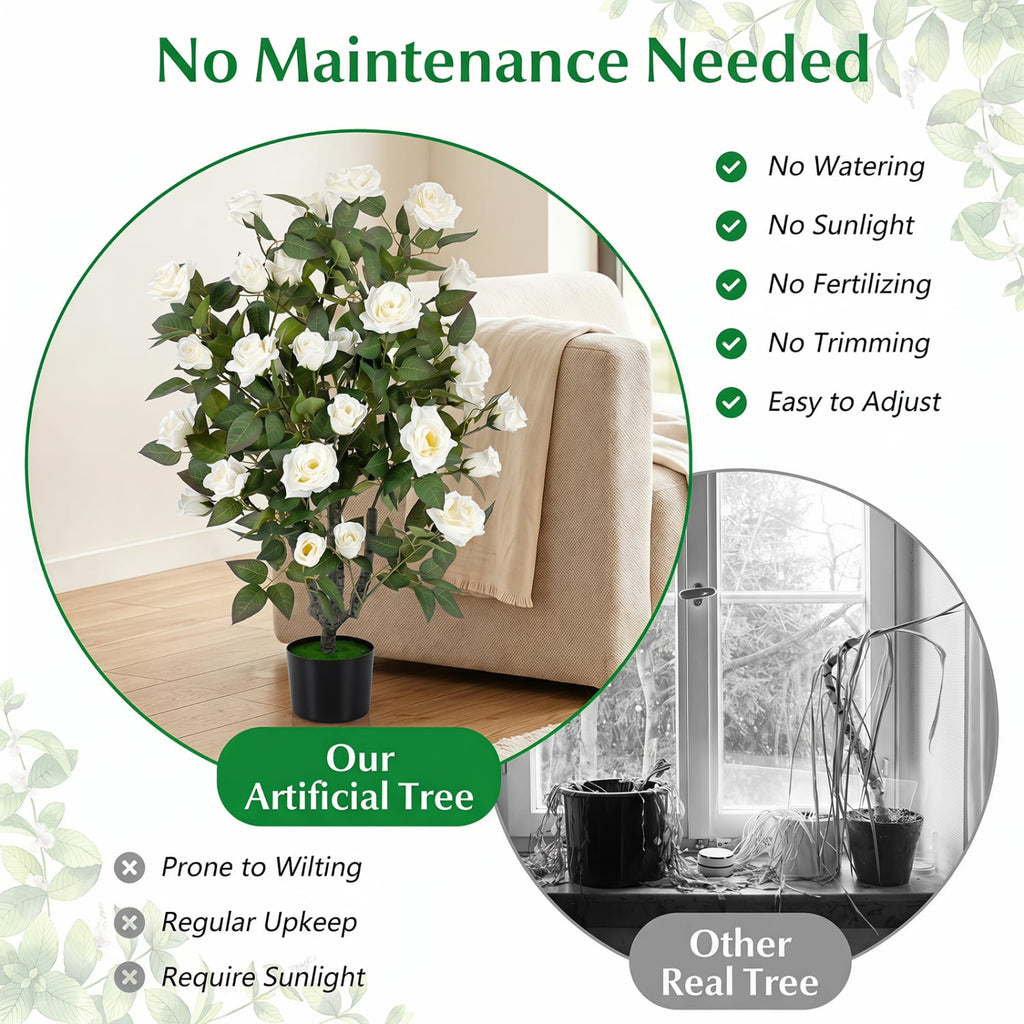 35.5 inches Artificial Rose Tree with Blooming Flowers and Green Leaves for Indoor-White