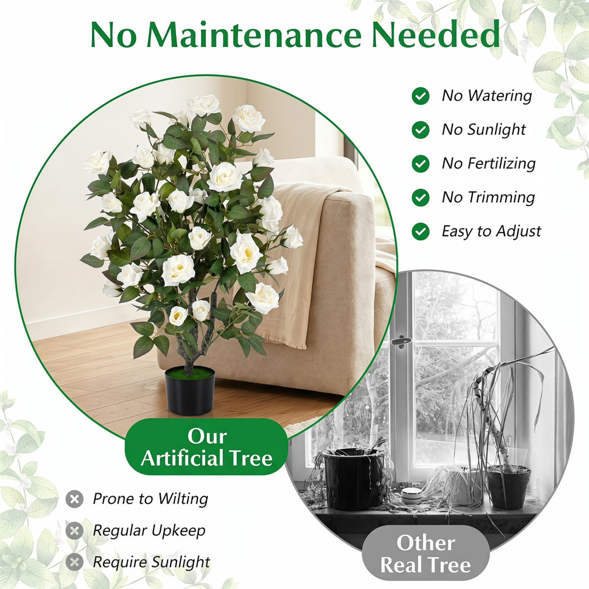 35.5 inches Artificial Rose Tree with Blooming Flowers and Green Leaves for Indoor-White