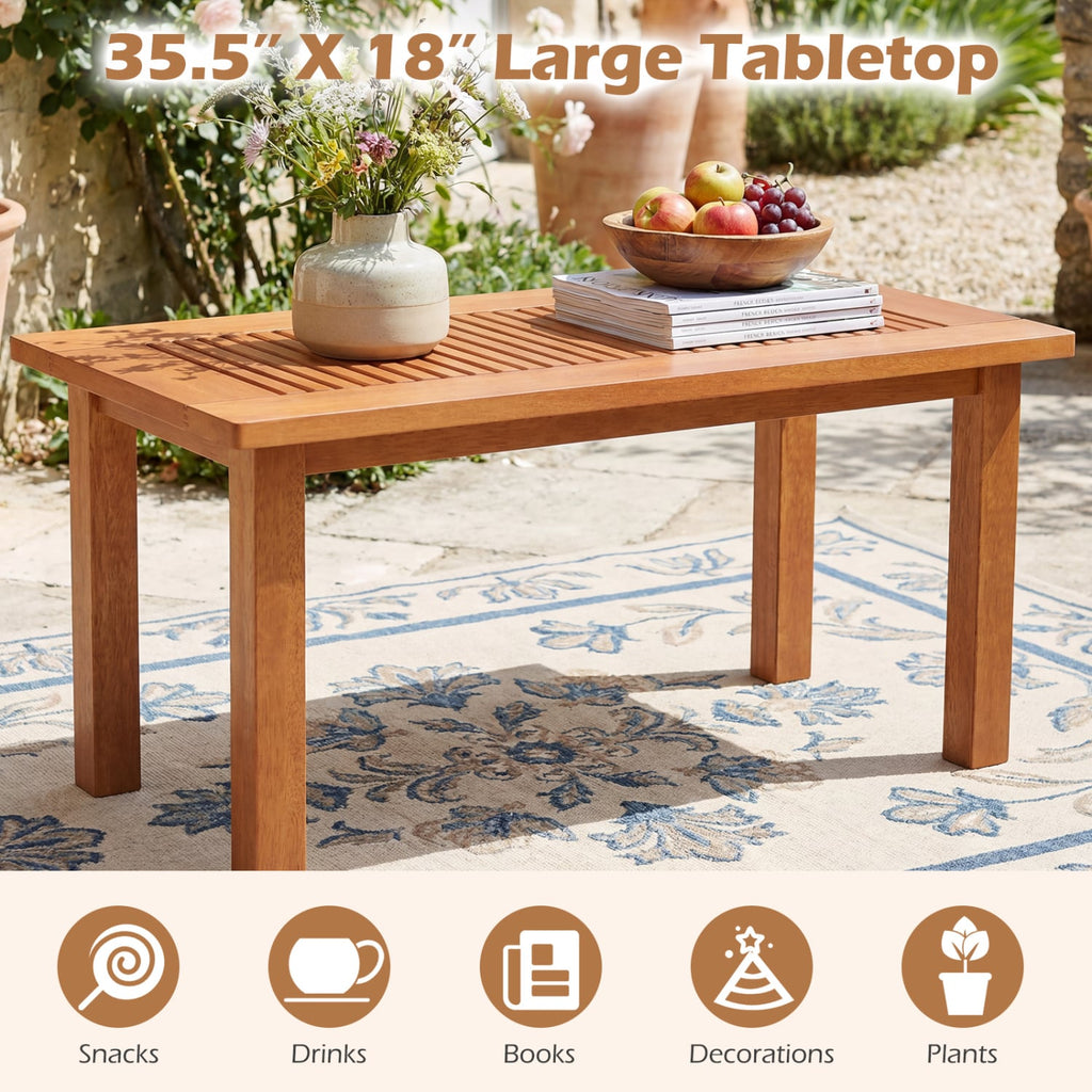 35.5 Inch Outdoor Modern Rectangular Coffee Table with Slatted Top for Backyard